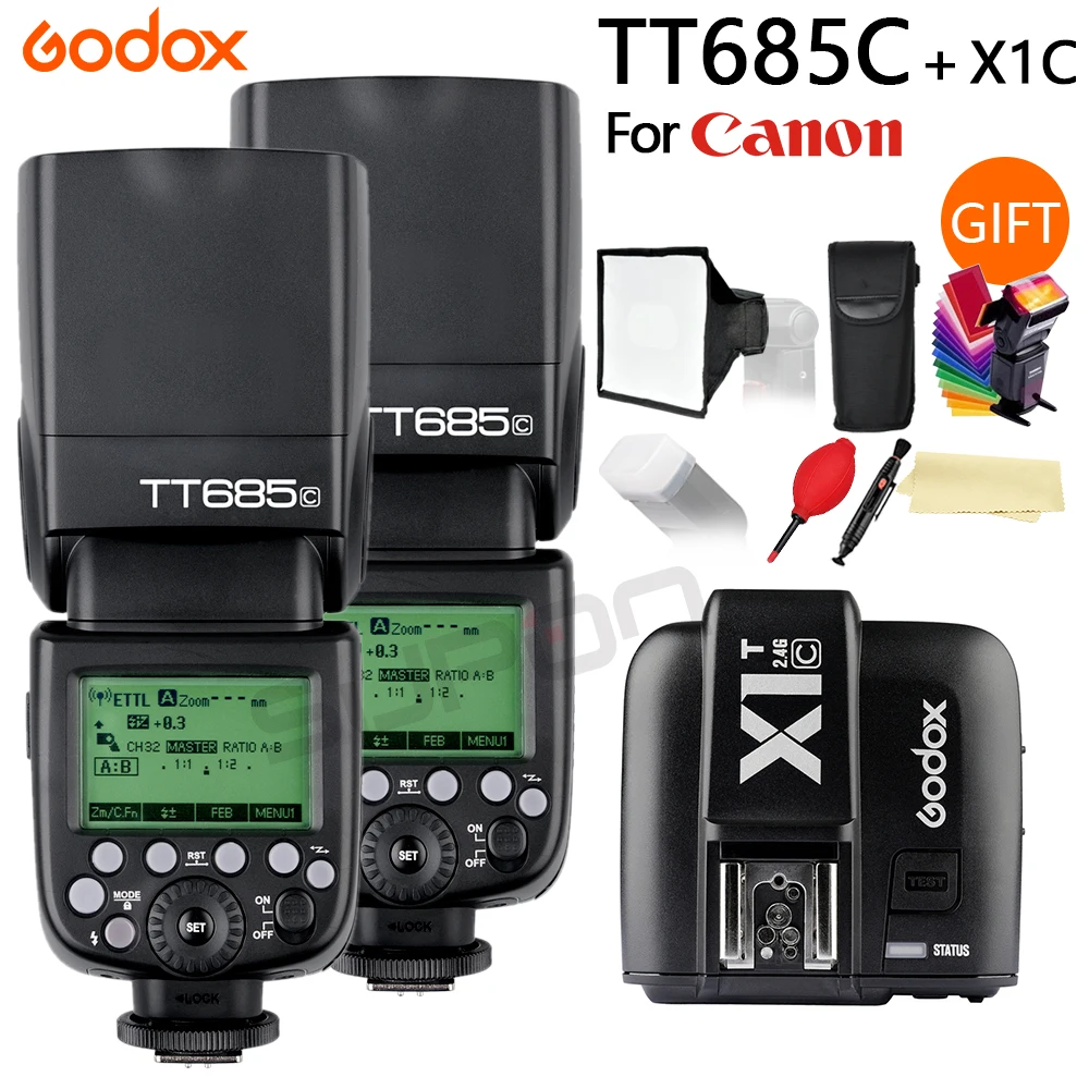 2x Godox TT685C High-Speed Sync External TTL Speedlite Flash For Canon 1100D 1000D 7D + X1T- C + 15*17cm softbox + Color filters 2x Godox TT685C High-Speed Sync External TTL Speedlite Flash For Canon 1100D 1000D 7D + X1T- C + 15*17cm softbox + Color filters