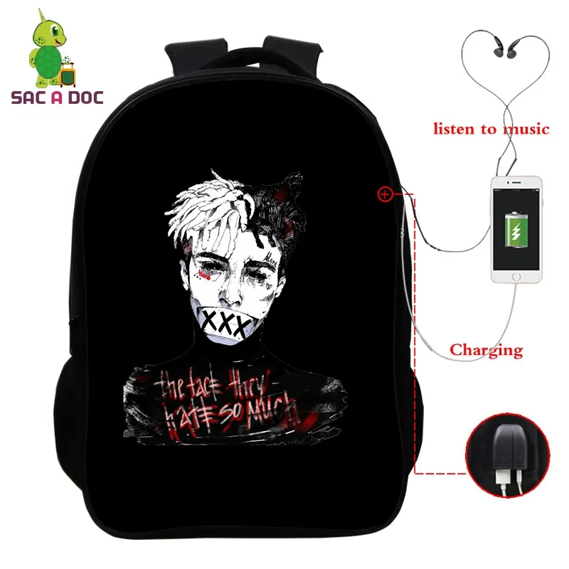 

XXXTentacion Hip Hop Rapper Backpack Women Men Multifunction USB Charging Laptop Backpack for Teenagers School Travel Bags