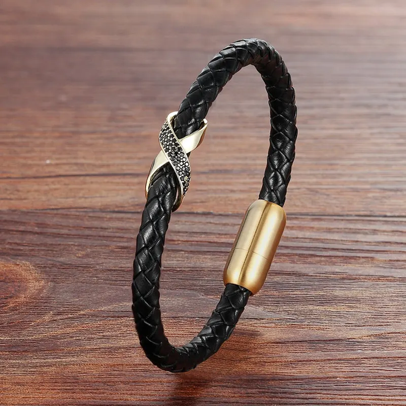 TYO, роскошный бренд, нержавеющая сталь, х стразы, очаровательные магнитные застежки, Плетеный черный кожаный браслет для мужчин и женщин, подарки на день рождения - Окраска металла: Black-gold