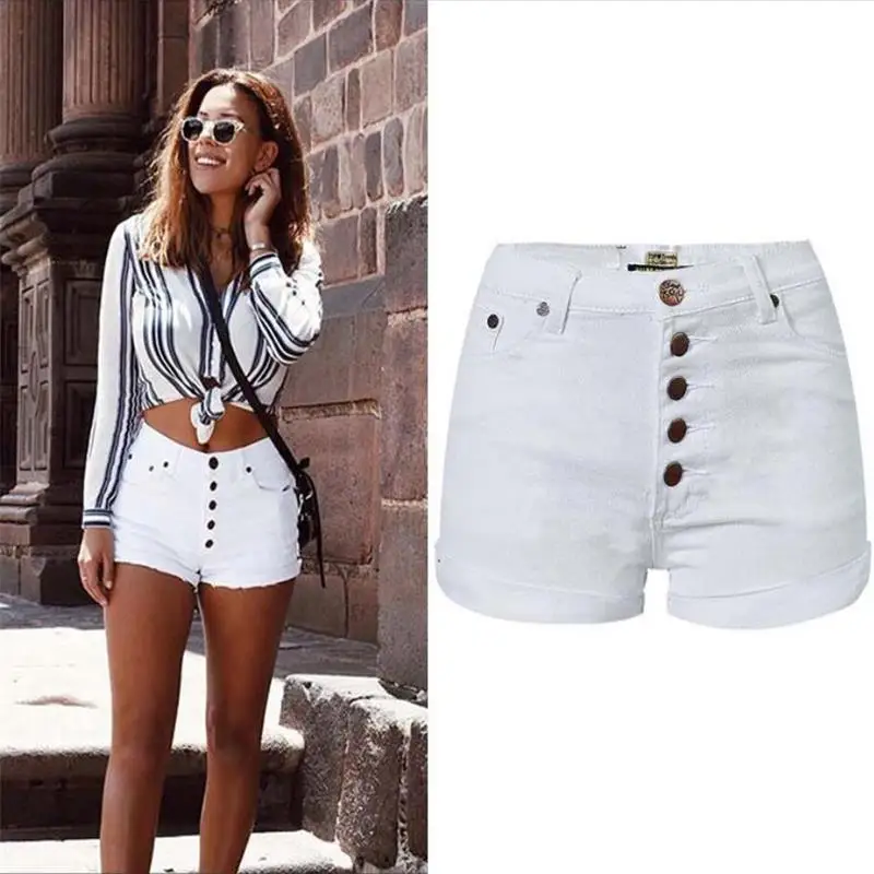 

SupSindy Women Short Jeans Spring Summer High Waist cotton Stretch button white Denim Shorts Wild Slim Casual Short Jeans female