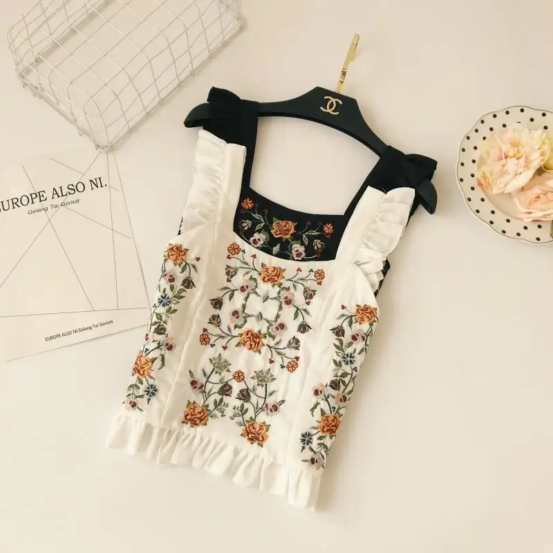 

Women Sexy Ear edge Strapless Camis Boho Embroidery Tank Tops Adjustable Summer 2018 Slim Cute Tank Female blouses