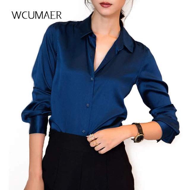 S XXXL Fashion women Dark blue satin silk blouse ladies casual long ...