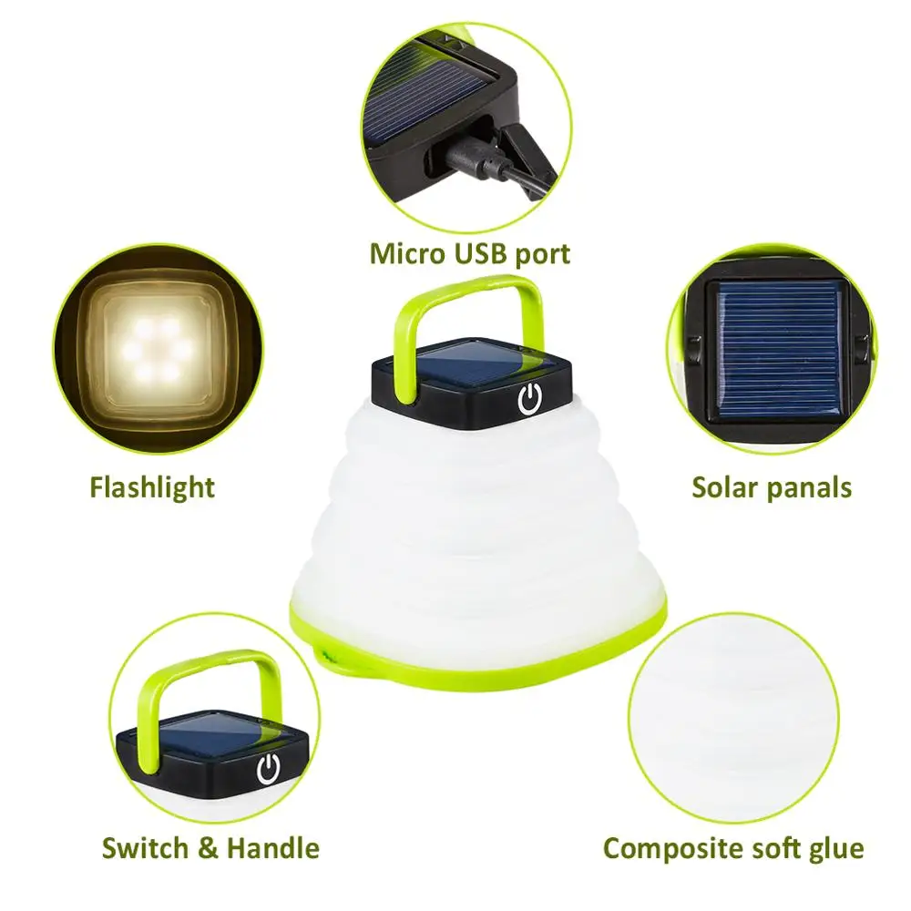 Portable Camping Light Solar Powered Lantern LED Mini Hanging Flashlight For Tent Lamp Solar,USB input Collapsible Waterproof