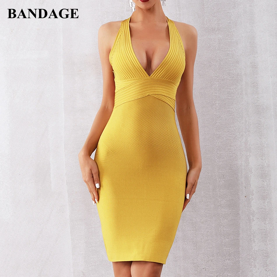 

BANDAGE Summer Women Boutiques Bandage Dress Halter V Neck Backless Bodycon Vestidos Celebrity Evening Party Dress Clubwear