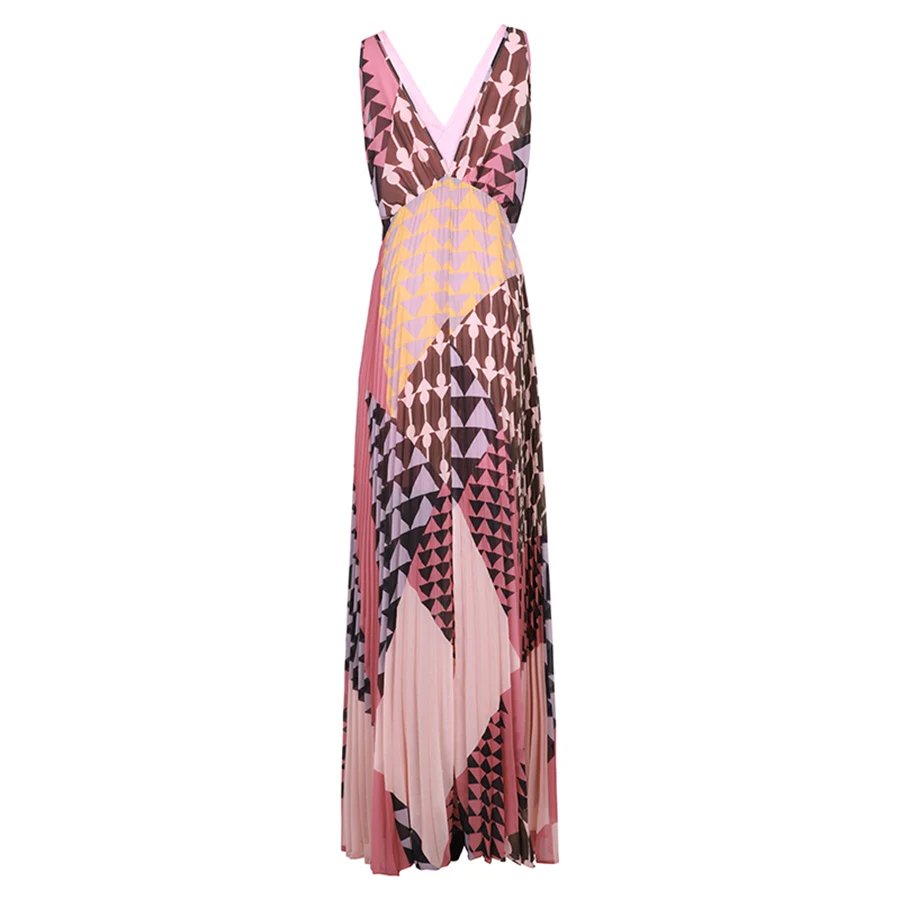 

VERDEJULIAY Runway Designer Summer Dress 2019 Elegant Women Sleeveless Print V-Neck Pleated Geometric Long BeachDress Vestidos
