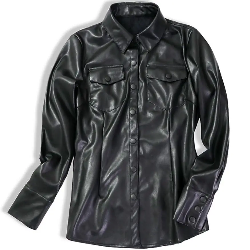 Женская рубашка из полиуретана размера плюс 2XL, весна, новинка, тонкая однобортная рубашка с отворотом, бархатная кожаная блузка - Цвет: black