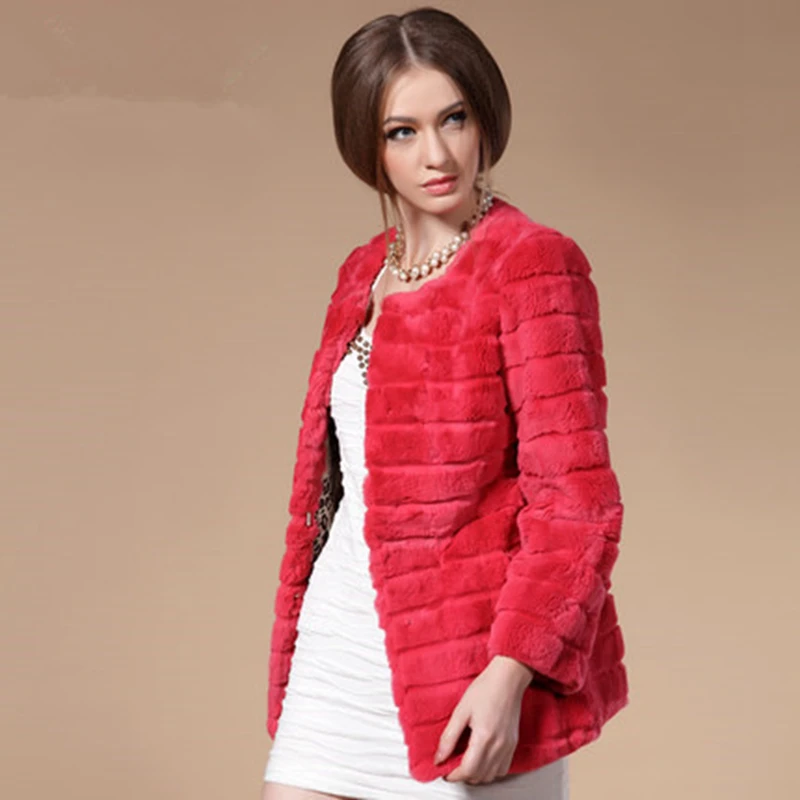ZY81038  Women And Girls Winter Fur Costume Jacket  Ladies Real Full Pelt With Striped  Rabbit Fur Coat Short Jacket Outwear