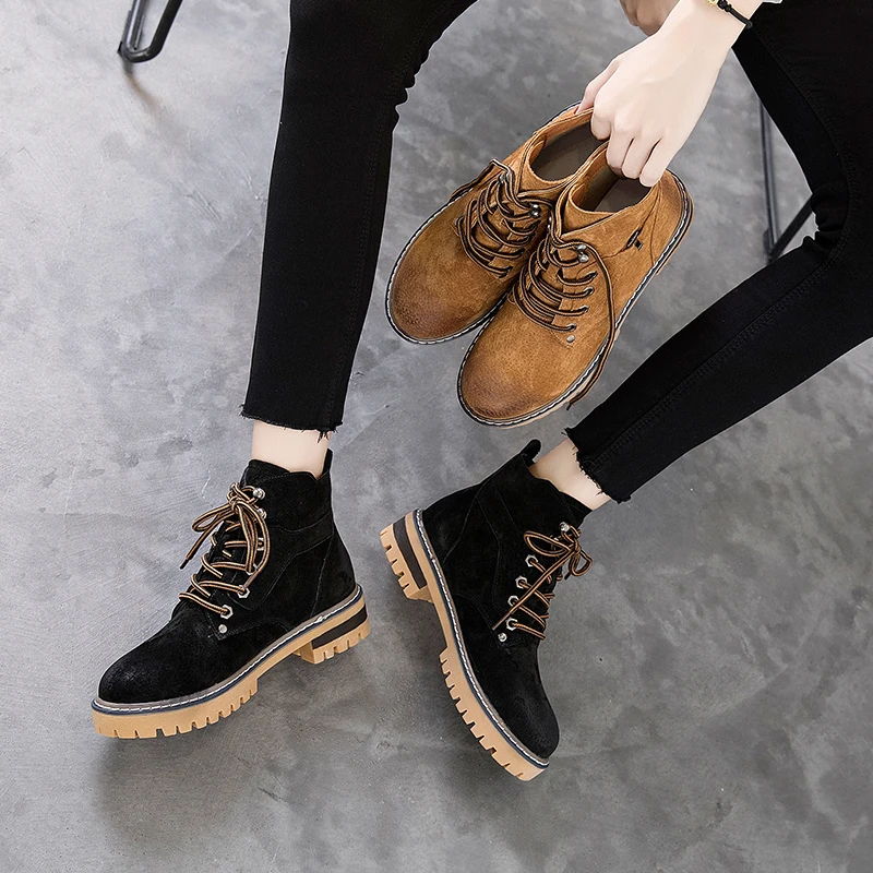 Black Ankle Boots for Women Leather Flat Boots Ladies Shoes Fashion Casual Martins Rubber Boots Women Botas mujer
