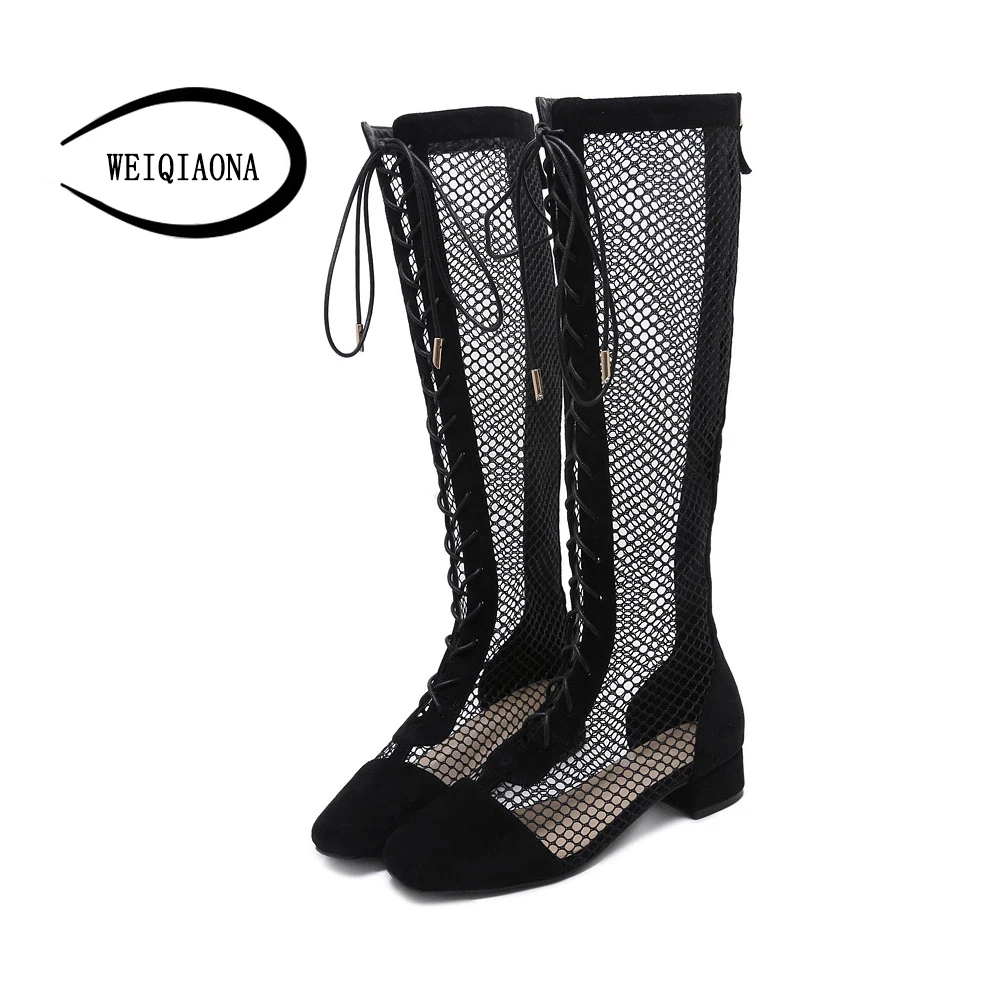 

WEIQIAONA 2018 New Women's shoes Sexy Fishnet Style Mesh Square Toe Knee-high boots ladies High Heel Sandals boots Nightclub