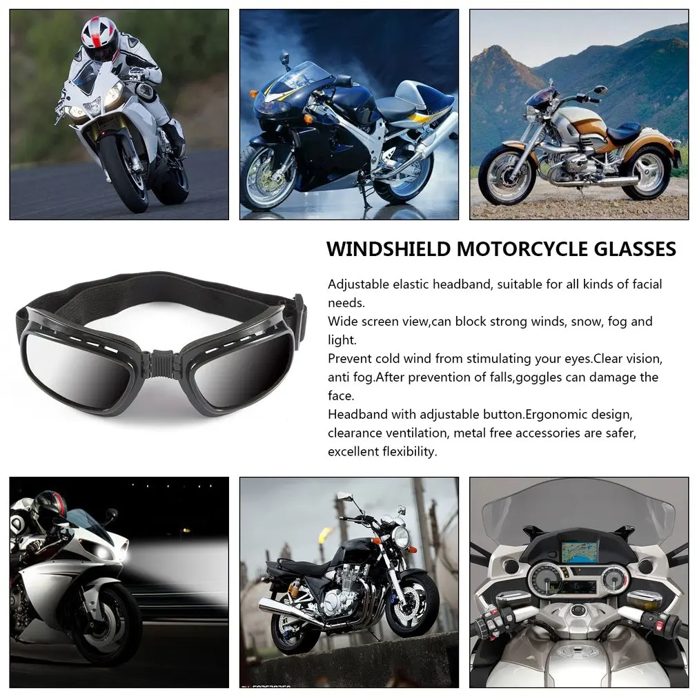 "Folding Vintage Motorcycle Glasses Windproof Dustproof Ski Goggles Off Road Racing Eyewear Glasses Adjustable Elastic Band "