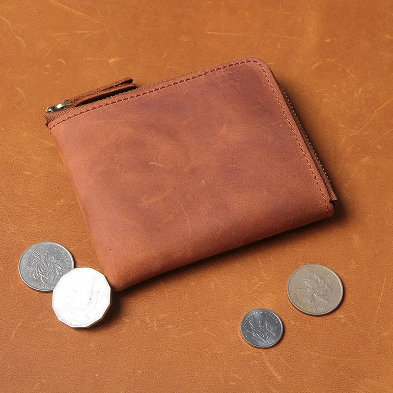 

handmade crazy horse mens wallet leather genuine small money bag zipper mini wallet men portomonee