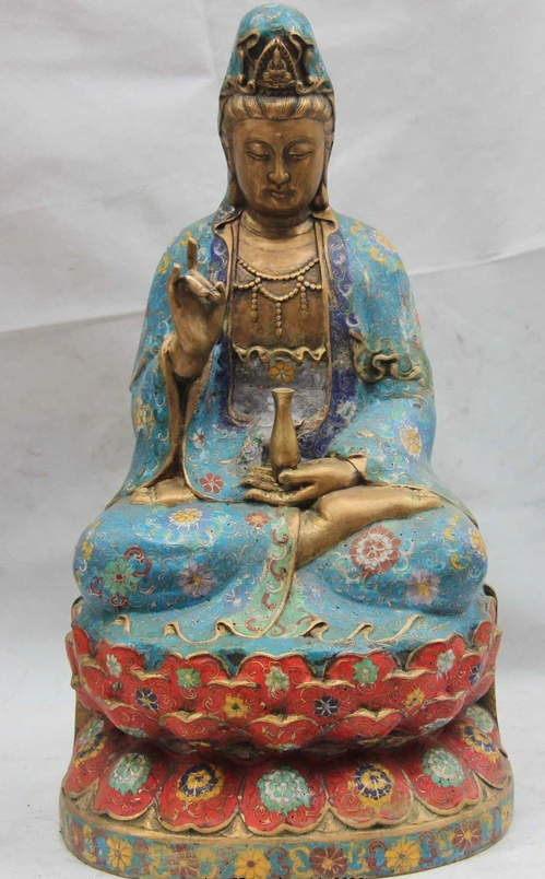 

003680 16 Tibet Old Cloisonne Enamel Bronze Seat Kwan-yin Guan Yin Goddess Vase Statue