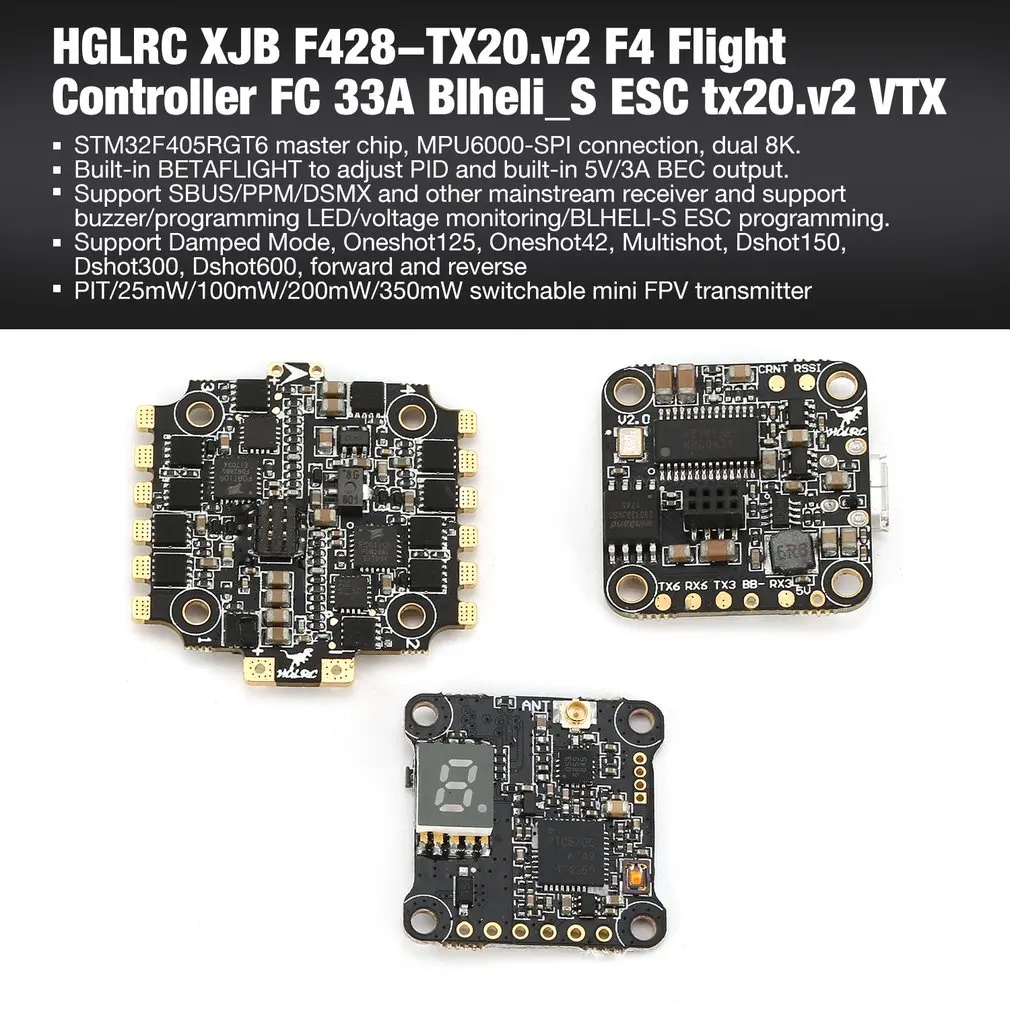 

HGLRC XJB F428-TX20.v2 F4 Flight Controller FC 33A Blheli_S ESC tx20.v2 VTX Transmission Fpv RC Drone Flight Controller