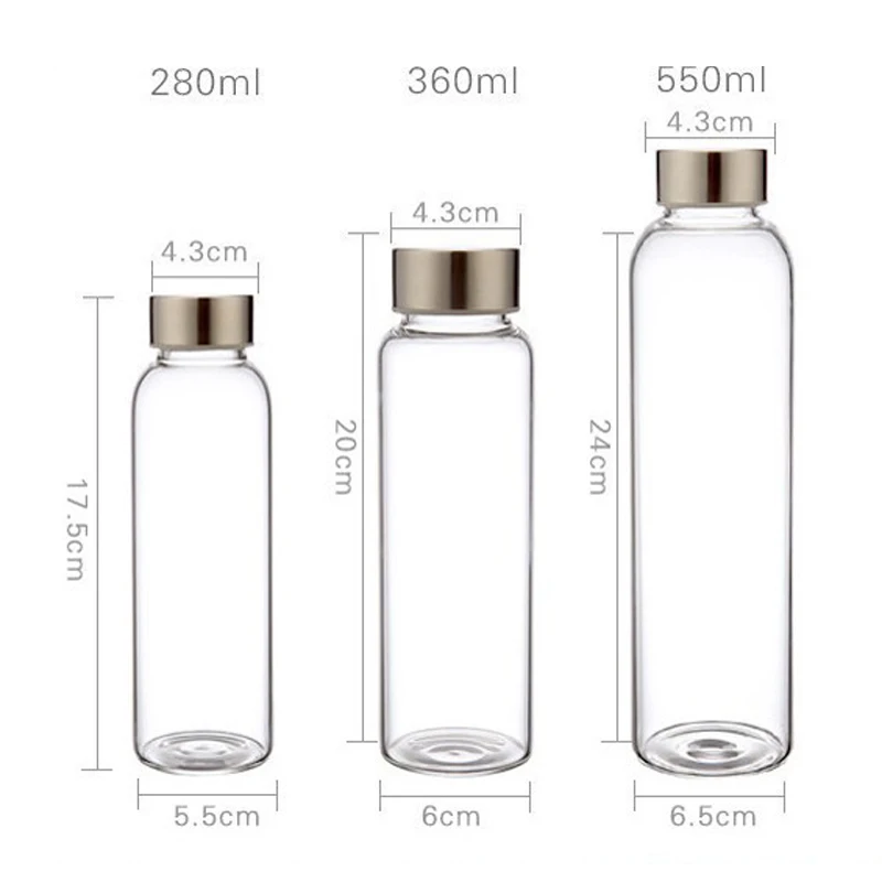 UPORS Glass Water Bottle 280ml/360ml/550ml Sport Bottle with Stainless Steel Lid and Protective Bag BPA Free Travel Drink