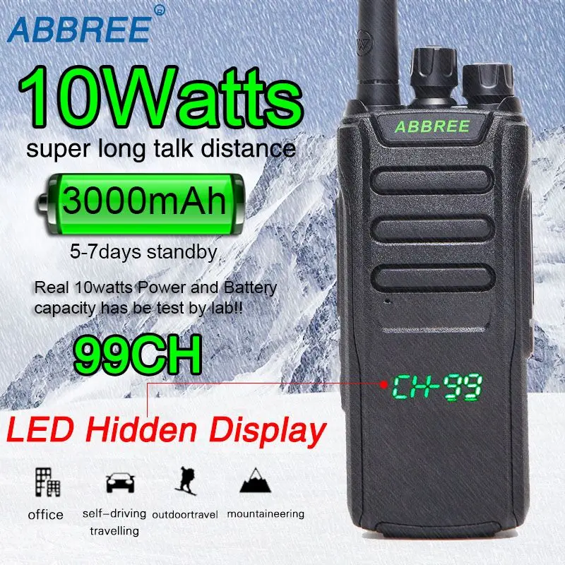 ABBREE AR-Q10 Powerful 10W 3000mAh Battery 99CH LED Hidden Display Screen UHF 400-470Mhz Long Range Two Way Radio Walkie Talkies | Мобильные