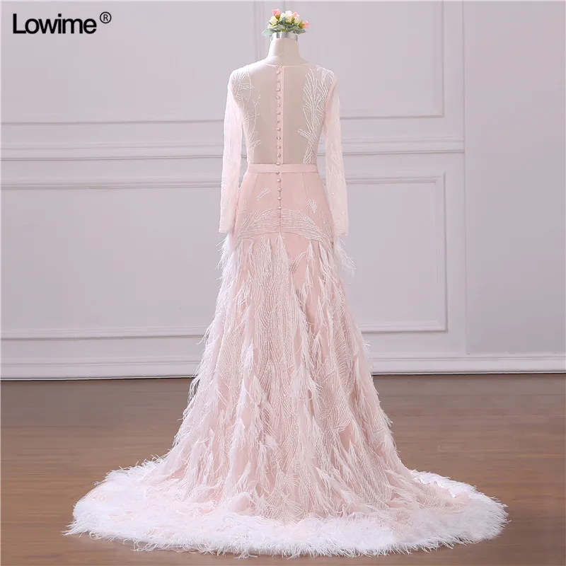 2018 New Custom Made A-line Evening Dresses Gown Long Sleeves Beading Feather Court Train Prom Dress Long (6)