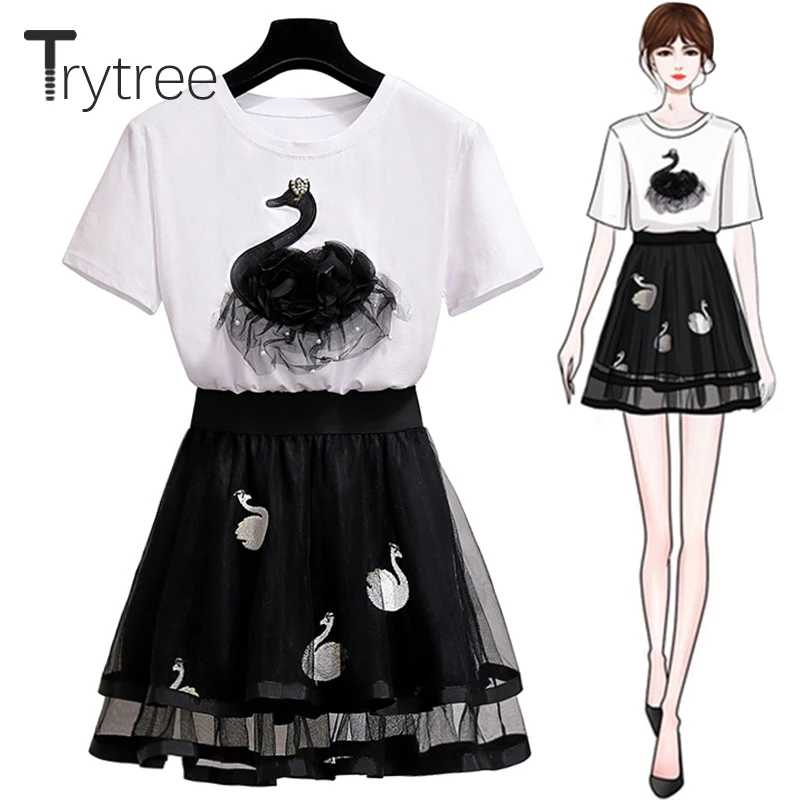 

Trytree Summer Women Two Piece Set Applique Swan Tops + Skirts Mesh Ruffles Embroidery Elastic Waist Suit Casual 2 Piece Set