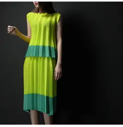 Бесплатная доставка Miyake fold модные футболки с круглым вырезом + разноцветные юбки из двух предметов в наличии