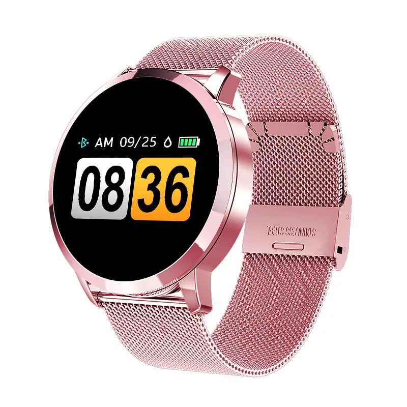 RUNDOING Q8 Смарт часы OLED цветной экран Smartwatch Мужская мода фитнес трекер сердечного ритма - Цвет: Pink steel strap