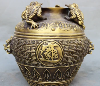 

song voge gem S2731 9" Chinese Bronze FengShui Wealth Coin 4 Toad Hoptoad Lion Head Statue Jar Pot