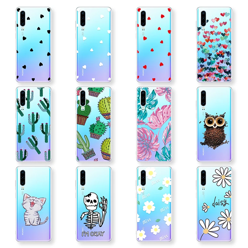 

Cartoon Painted Phone Case For Huawei Mate 20 Pro Mate10 Lite Silicone Clear Flowers Love Heart Pattern Back Cover for P30