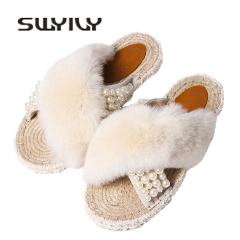 SWYIVY Woman Slippers Flat Cross Strap 2018 Autumn New Lady Sexy Fur Slides Hemp Sole Breathable Female Casual Slippers Elegant