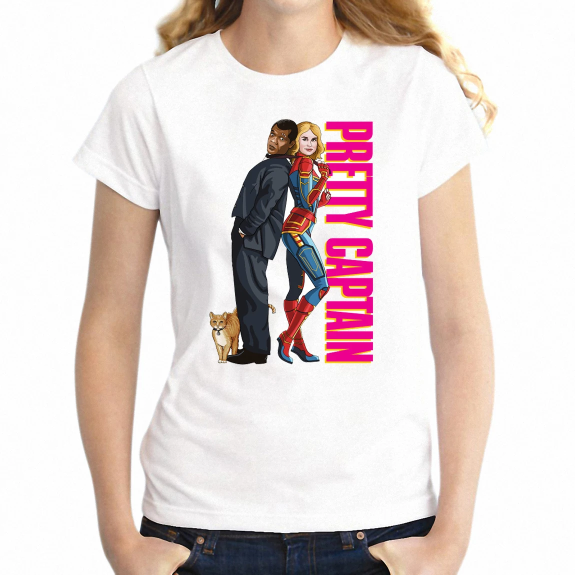 

Women's T Shirt Captain Marvel Pretty Woman and The Cat Goose Artsy Girl's Printed Tee