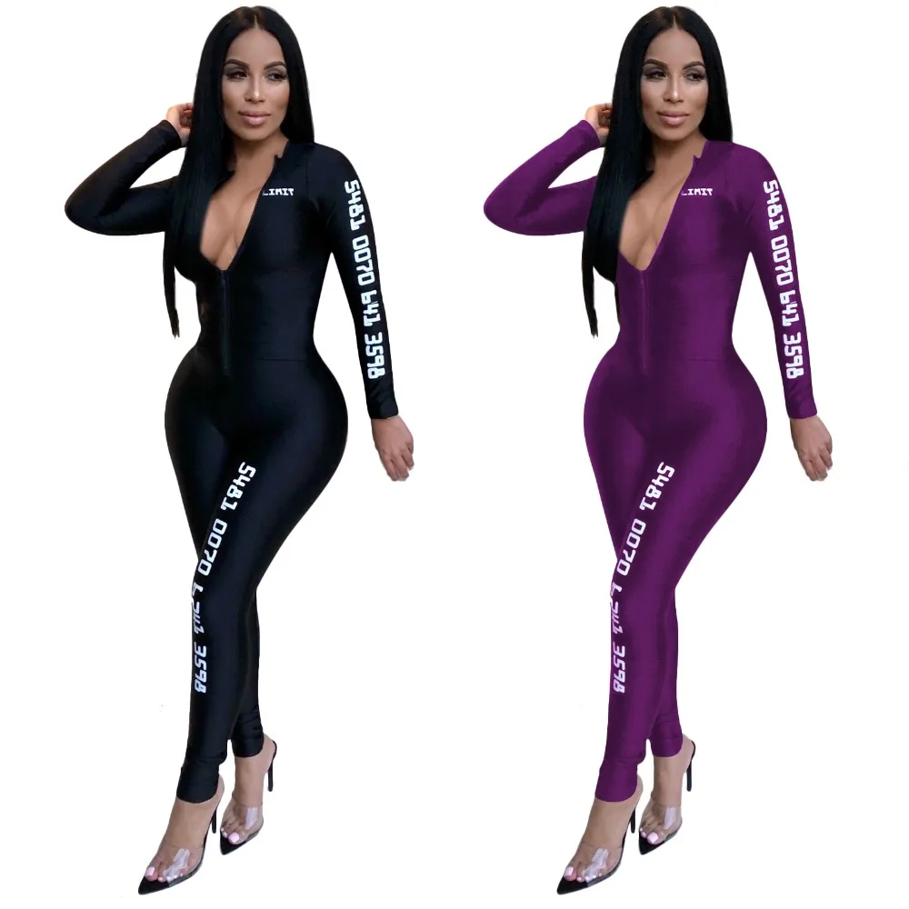 Best sell front zipper jumpsuit women letter print long sleeve bodysuit