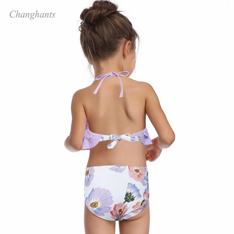 Girl one piece Swimsuit Blue and Purple with flowers print kid swimwear Children bathing suit child summer beach wear