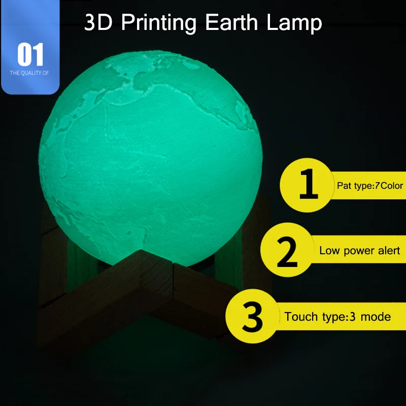 Перезаряжаемые 3D печати лампа в форме планеты Земля цветной сенсорный переключатель Спальня лампа для книжного шкафа украшения Дети