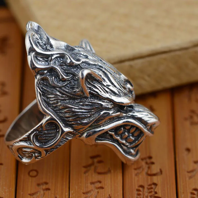 FNJ 925 пробы Серебряное кольцо голова волка животное панк anillos Мужские Винтажные S925 тайские серебряные кольца для мужчин ювелирные изделия Большой размер