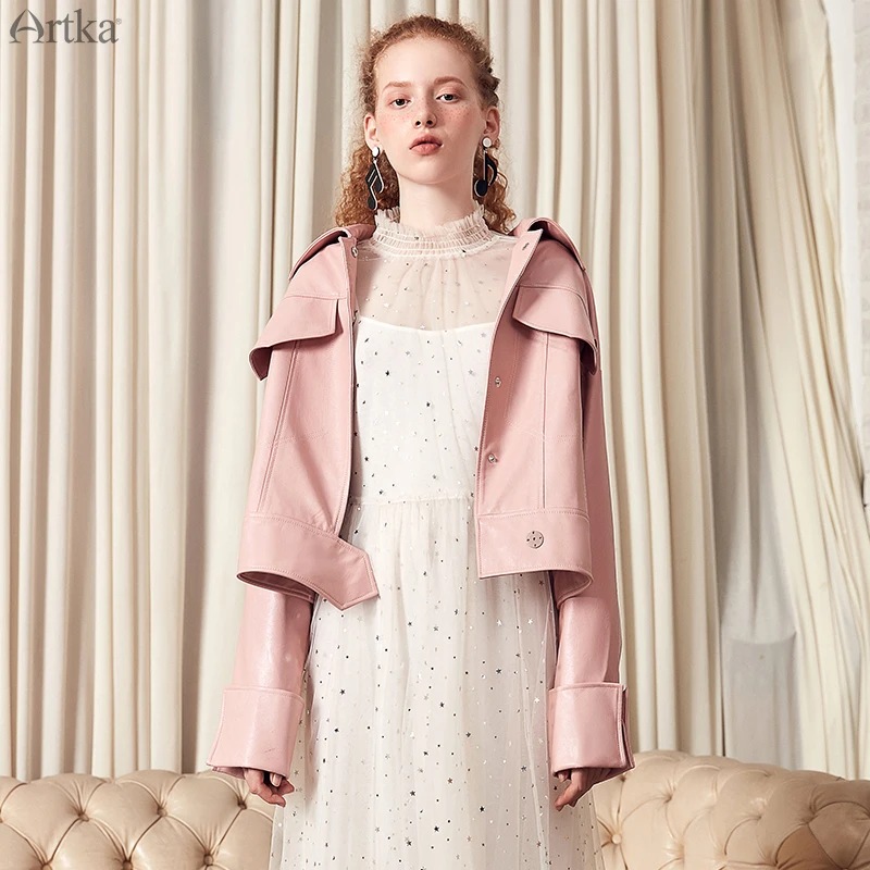 

ARTKA 2019 Women New PU Leather Short Jacket Solid Color Turn-down Collar Single Breasted Lady High Quality Coat WA10099C
