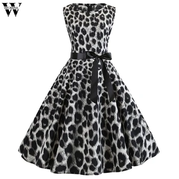 

Womail dress Summer Vintage Printed Sleeveless O-Neck Dress Evening Party Elegant Dress with Belt fashion NEW 2020 M9