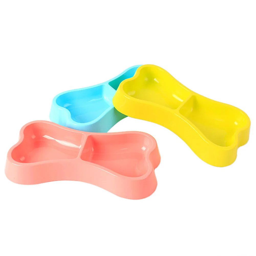 Dog Double Bowls Plastic Bone Shape Puppy Water Food Feeder Bowl for