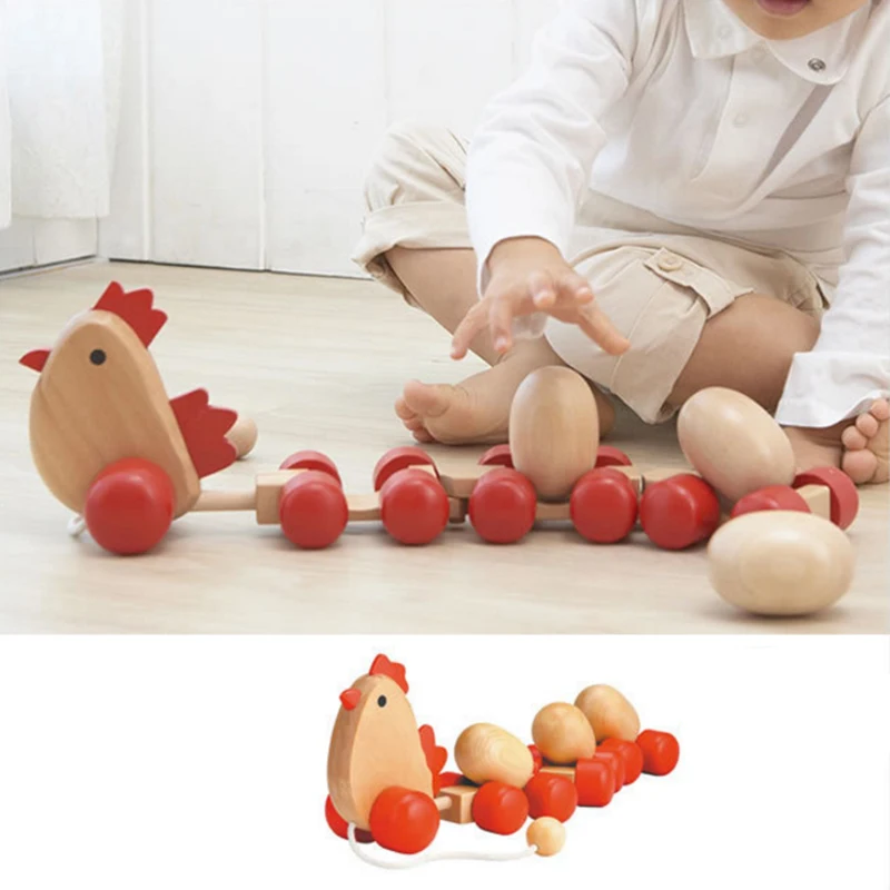 Baby Wooden Laying Egg Hens Trailer Car Toy Walk  Learning Education Accessory Wooden Chick Eggs Pull Carts Toys Kids Gift (2)