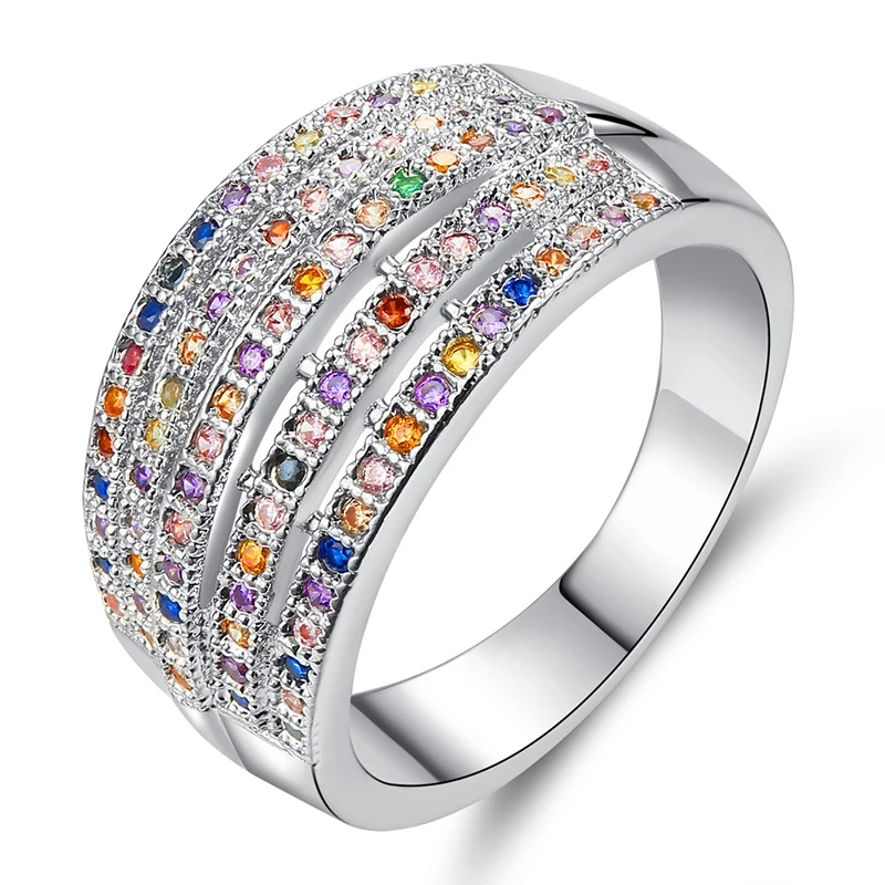 

Unique Design Silver Color Wide Wedding Engagement Ring for Female Hot Sale AAA Colorful Cubic Zircon Bague Anillos Bijoux R599