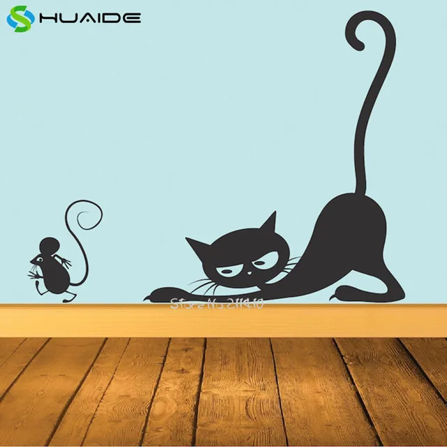 Funny Cat Chasing Mouse Wall Decal Black Cat Mouse Wall Stickers Home