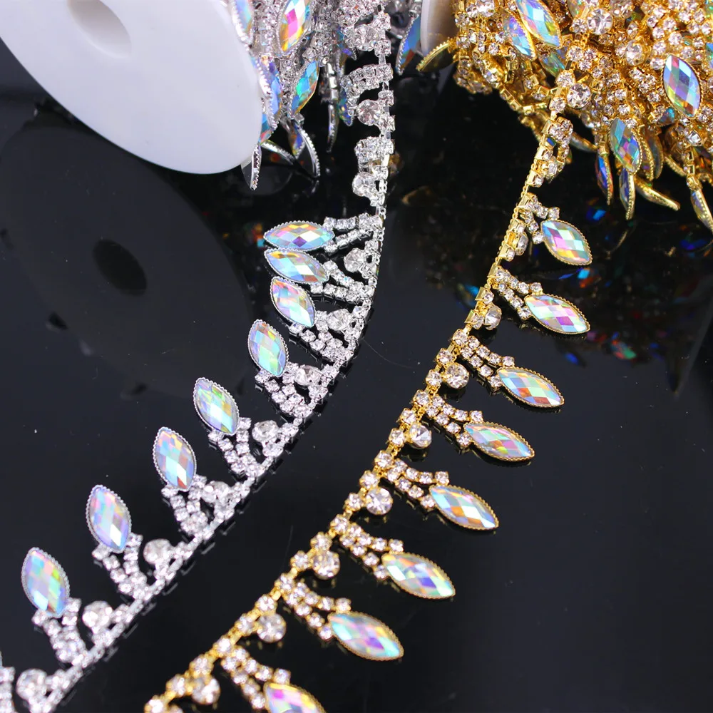 Bridal Dress Decoration 1 yard Shiny AB Crystal sewing on bridal belt applique birthday cake decoration Holographic Rhinestone Bridal Trim Fashion Chain