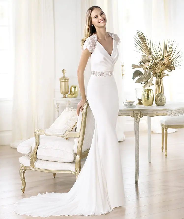 2015 Elie Saab Wedding Dresses Mermaid Deep V-neck Short Sleeves Sweep Train Chiffon Lace Gown Bride Dress | Свадьбы и торжества