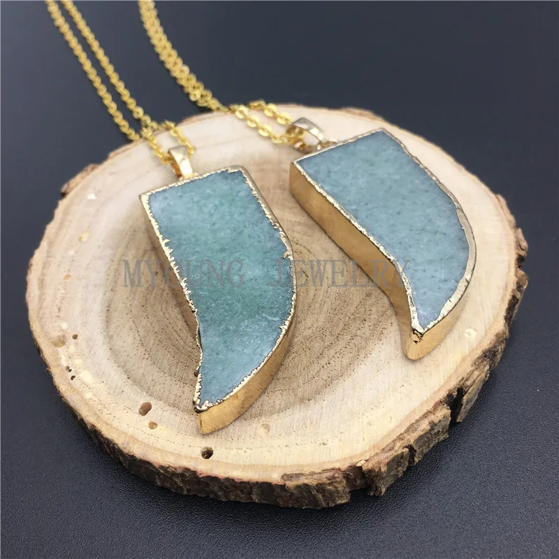 MY0850 Aventurine HornTusk Pendant Charm Cladding Pure Gold Color Necklace Gold Color Chain (2)