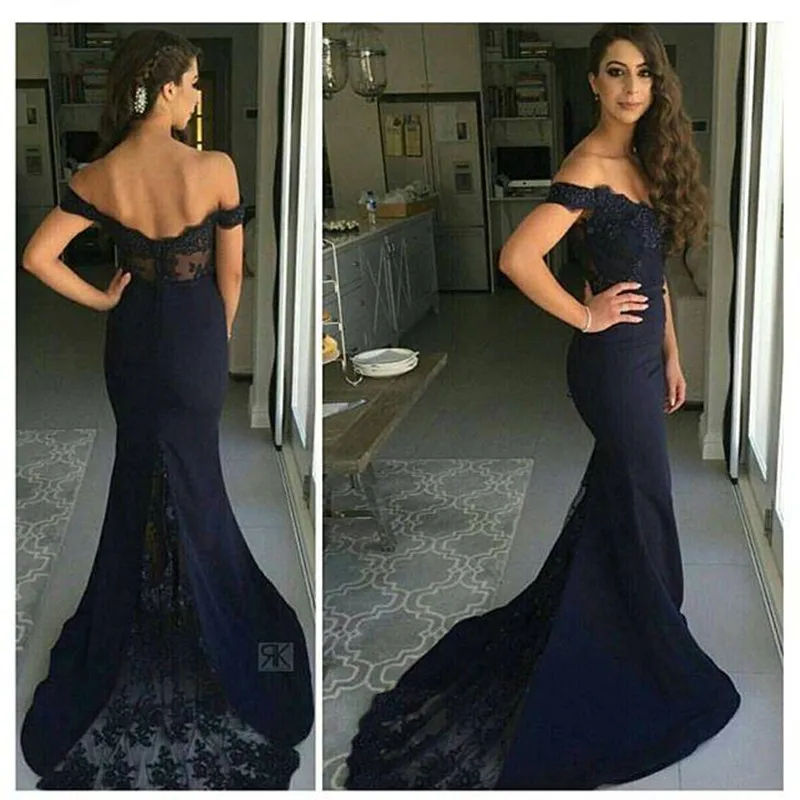 Темно-синие вечерние платья с открытыми плечами на заказ Русалка Vestidos De Soriee Новое поступление платье для выпускного вечера горячая распродажа без спинки