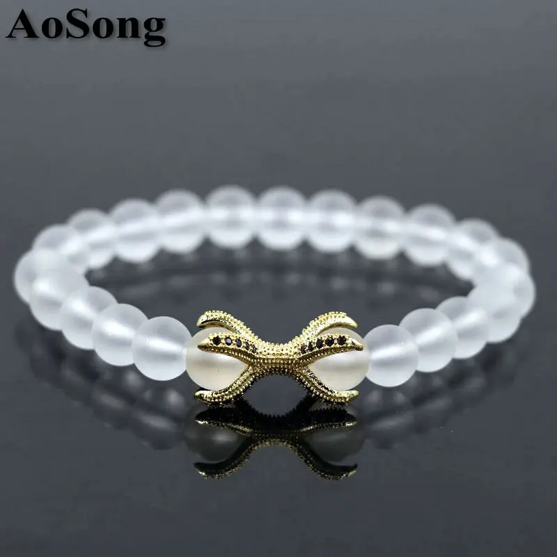 BPPCCR Matte Crystal Clear Beads 8mm Double-sided eagle claw Micro Pave CZ Octopus beaded Men Women luxurious Chakra bracelets | Плетеные