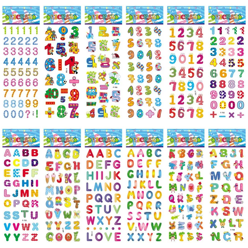 

12 Sheets/set Number Letter Stickers Scrapbooking for Kids Diary Nootbook Album DIY Label Decorative Educational Toys
