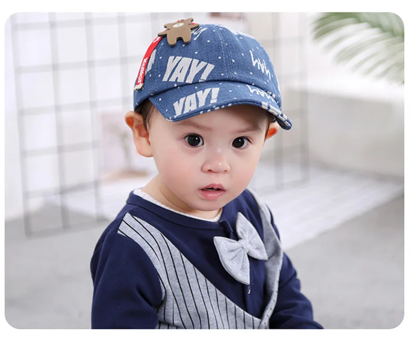 Fashion Denim Baby Caps Letter Cowboy Boys Caps Retro Print Toddler Hat With Bear Spring Summer Soft Baby Hat Baby Boys Clothing (7)