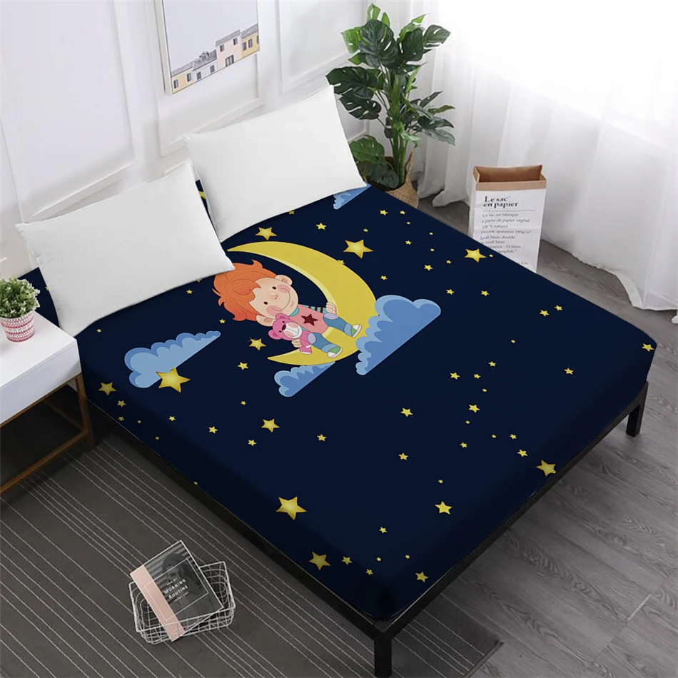 Cute Baby Cartoon Bed Sheet Dark Blue Moon Starry Fitted Sheet Soft