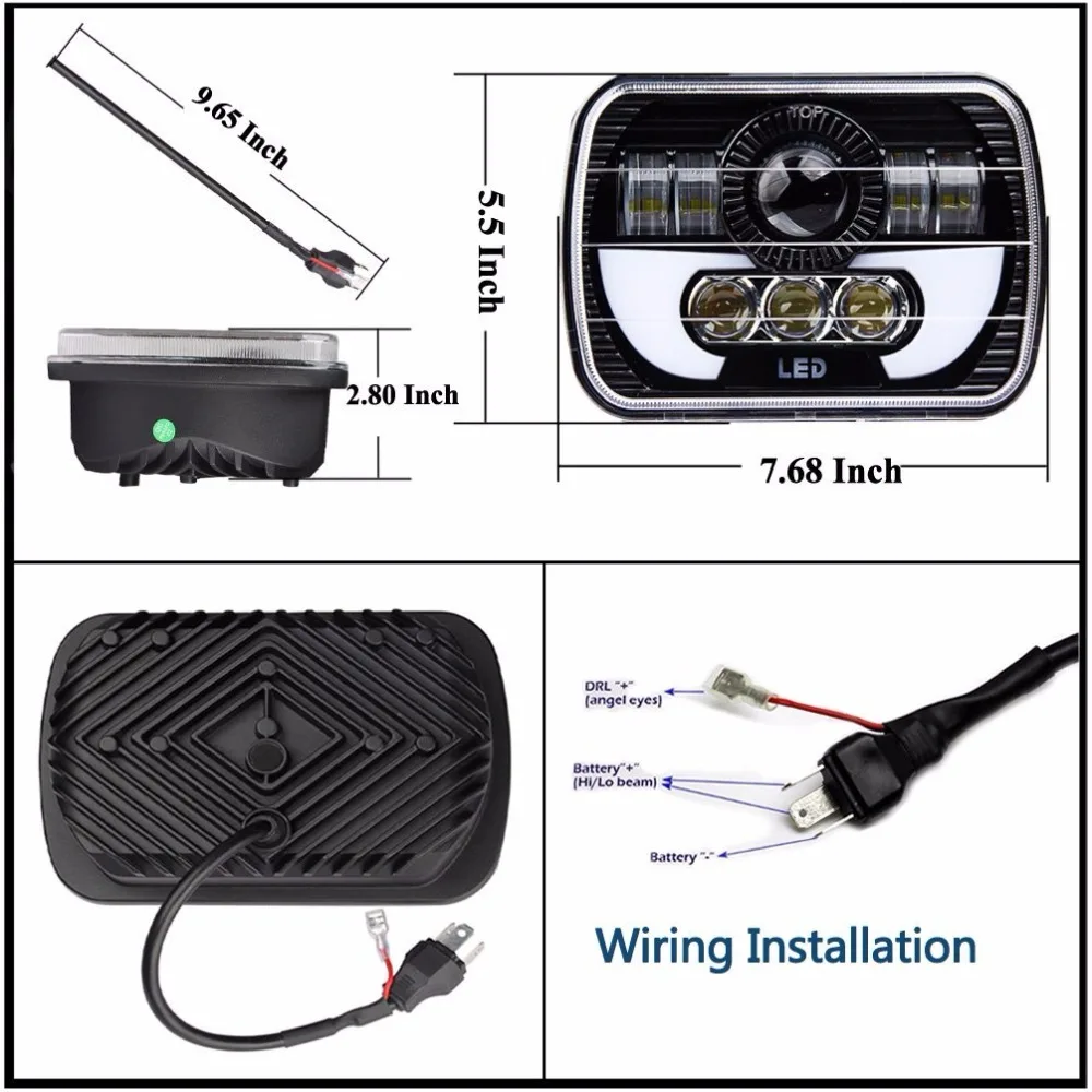 Pair 5X7 Headlights Black Rectangular LED e