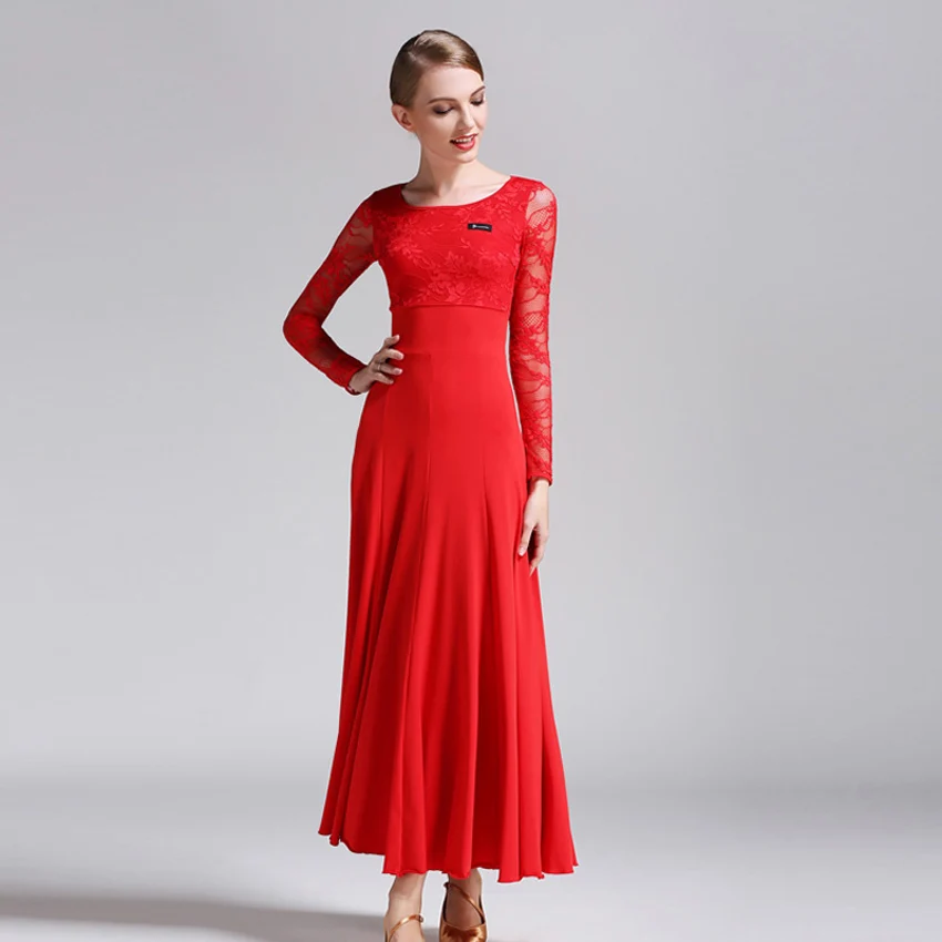 

Standard Ballroom Dance Dresses 2019 High Quality Lace Sleeve Flamenco Dancing Skirt Women Cheap Stage Waltz Ballroom Dress