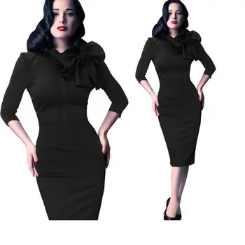 

Plue size solid color knee knee dress summer O collar free shipping big bow seven sleeves sleeve women's knee knee pen dress G27