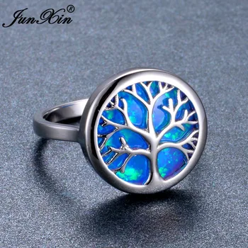 

Cute Plant Life Tree White/Blue Fire Opal Rings For Women Men White Gold Round Birthstone Wedding Engagement Ring Luxury Jewlery