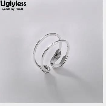 

Uglyless 100% Real Solid 925 Sterling Silver Simple Stripe Hollow Finger Rings for Women Personalize Asymmetric Open Ring Bijoux